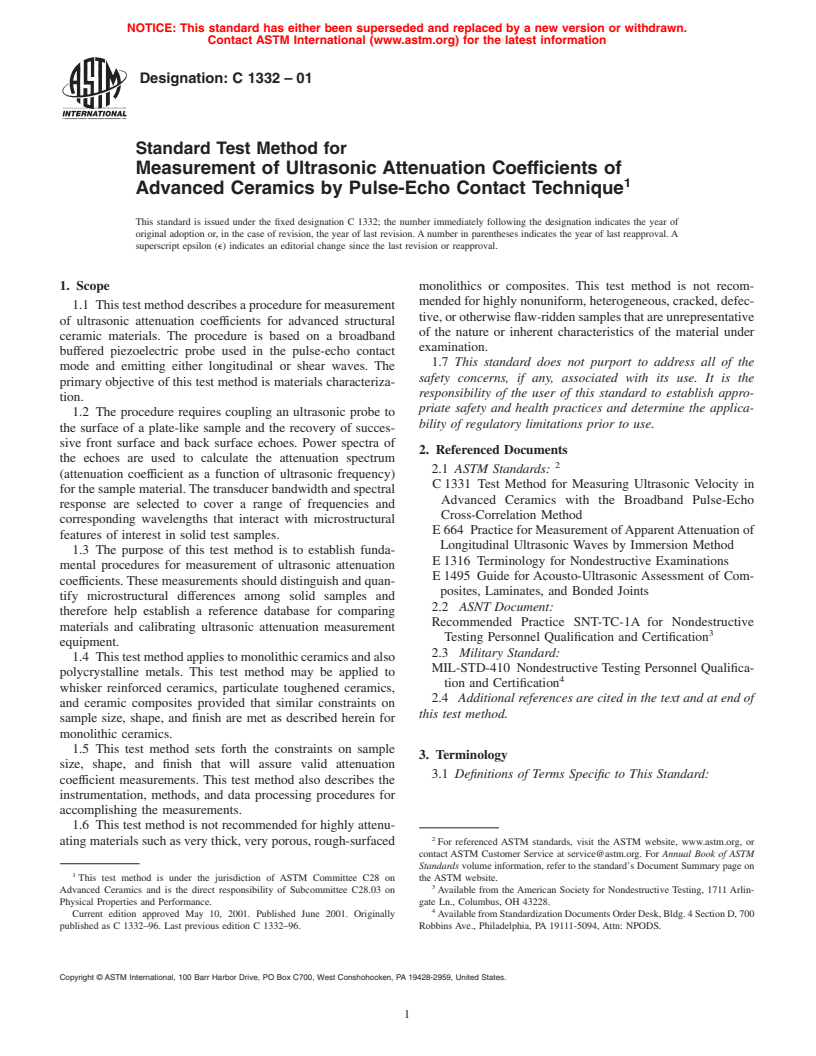 ASTM C1332-01 - Standard Test Method for Measurement of Ultrasonic Attenuation Coefficients of Advanced Ceramics by Pulse-Echo Contact Technique