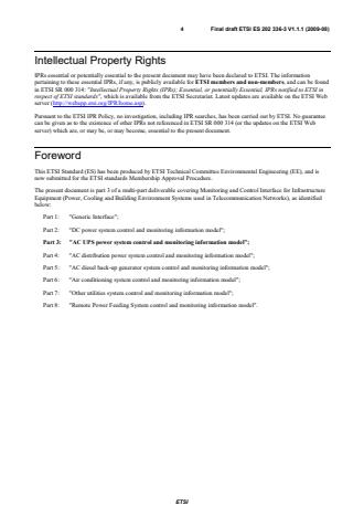 SIST ES 202 336-3 V1.1.1:2010 ETSI ES 202 336-3 V1.1.1 (2009-08) - Environmental Engineering (EE); Monitoring and Control Interface for Infrastructure Equipment (Power, Cooling and Building Environment Systems used in Telecommunication Networks); Part 3: AC UPS power system control and monitoring information model - Page 4 preview