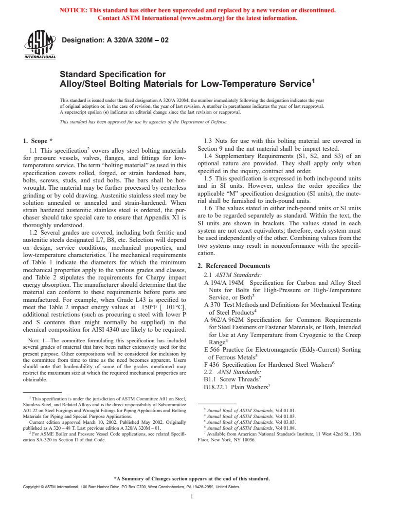 ASTM A320/A320M-02 - Standard Specification for Alloy/Steel Bolting Materials for Low-Temperature Service