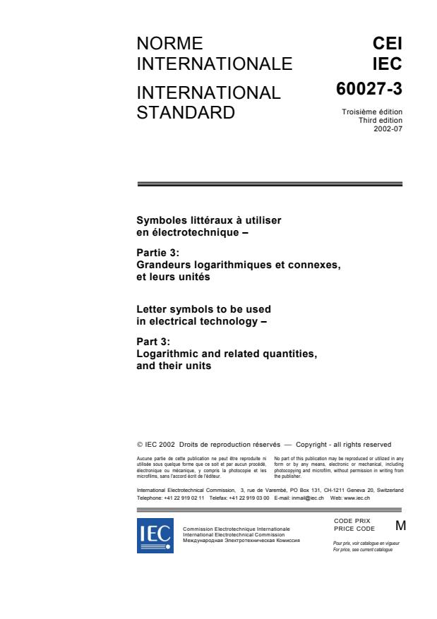 IEC 60027-3:2002 - Letter symbols to be used in electrical technology - Part 3: Logarithmic and related quantities, and their units