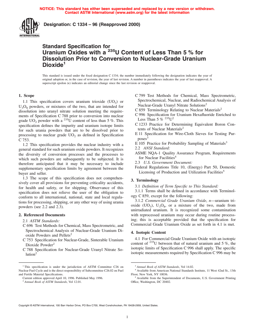 ASTM C1334-96(2000) - Standard Specification for Uranium Oxides with a  <sup>235</sup>U Content of Less Than 5% for Dissolution Prior to Conversion to Nuclear-Grade Uranium Dioxide