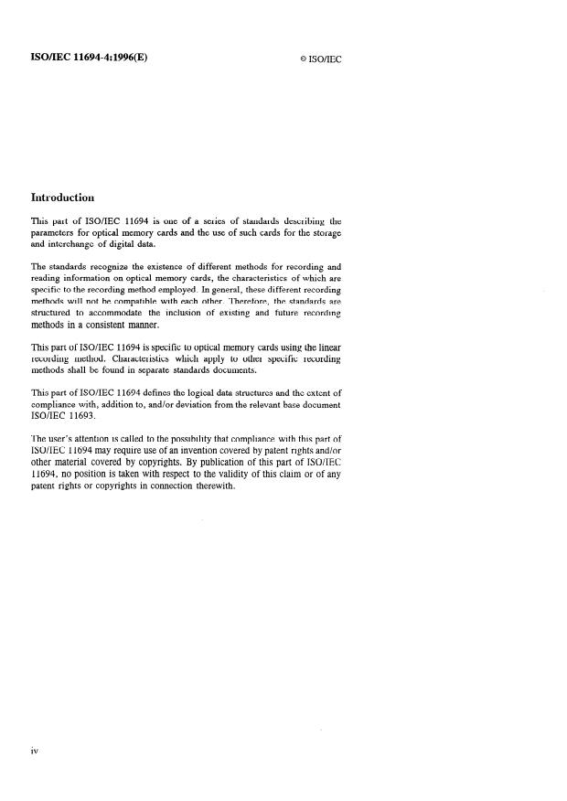 ISO/IEC 11694-4:1996 ISO/IEC 11694-4:1996 - Identification cards -- Optical memory cards -- Linear recording method - Page 4 preview
