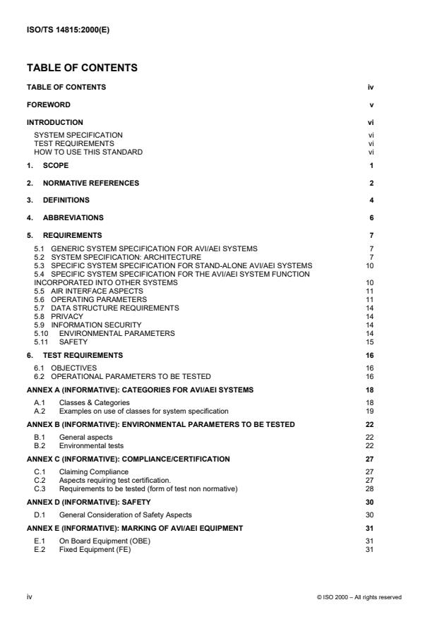 ISO/TS 14815:2000 ISO/TS 14815:2000 - Road transport and traffic telematics -- Automatic vehicle and equipment identification -- System specifications - Page 4 preview