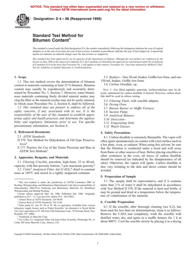 ASTM D4-86(1998) - Standard Test Method for Bitumen Content