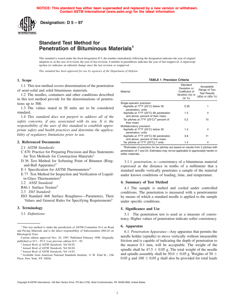 ASTM D5-97 - Standard Test Method for Penetration of Bituminous Materials