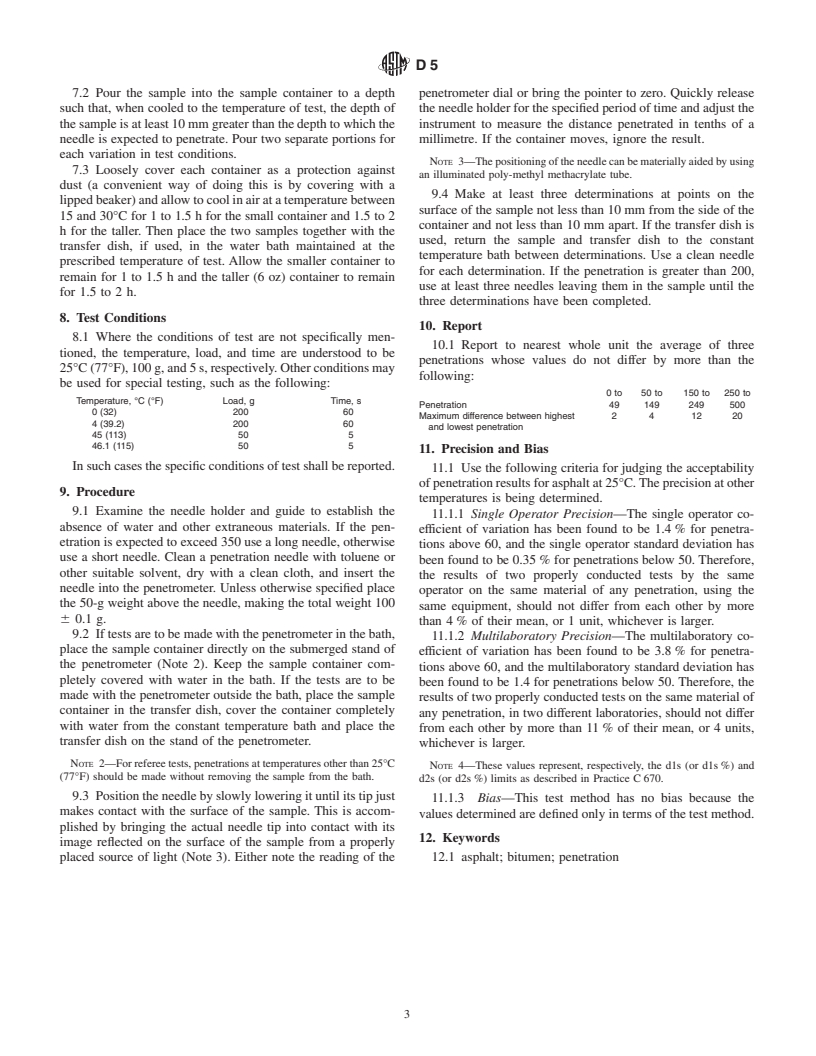 ASTM D5-97 - Standard Test Method for Penetration of Bituminous Materials