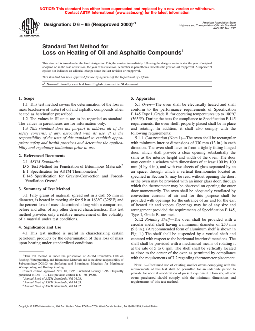 ASTM D6-95(2000)e1 - Standard Test Method for Loss on Heating of Oil and Asphaltic Compounds