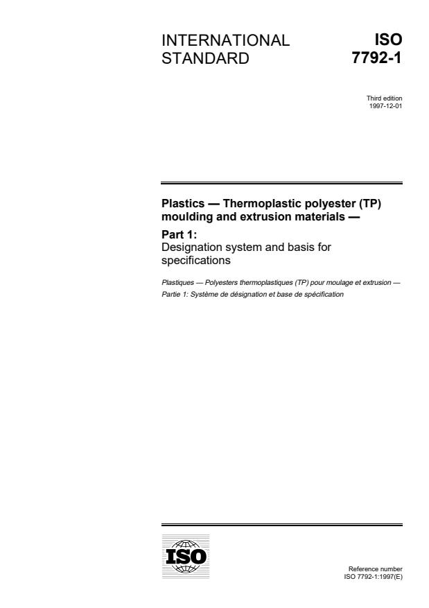 ISO 7792-1:1997 - Plastics -- Thermoplastic polyester (TP) moulding and extrusion materials
