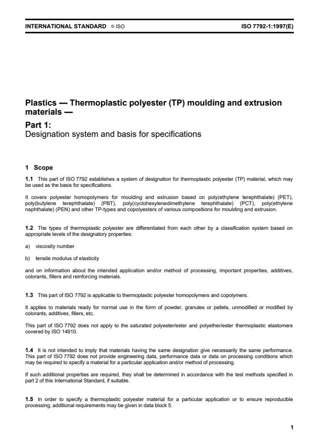 ISO 7792-1:1997 - Plastics -- Thermoplastic polyester (TP) moulding and extrusion materials