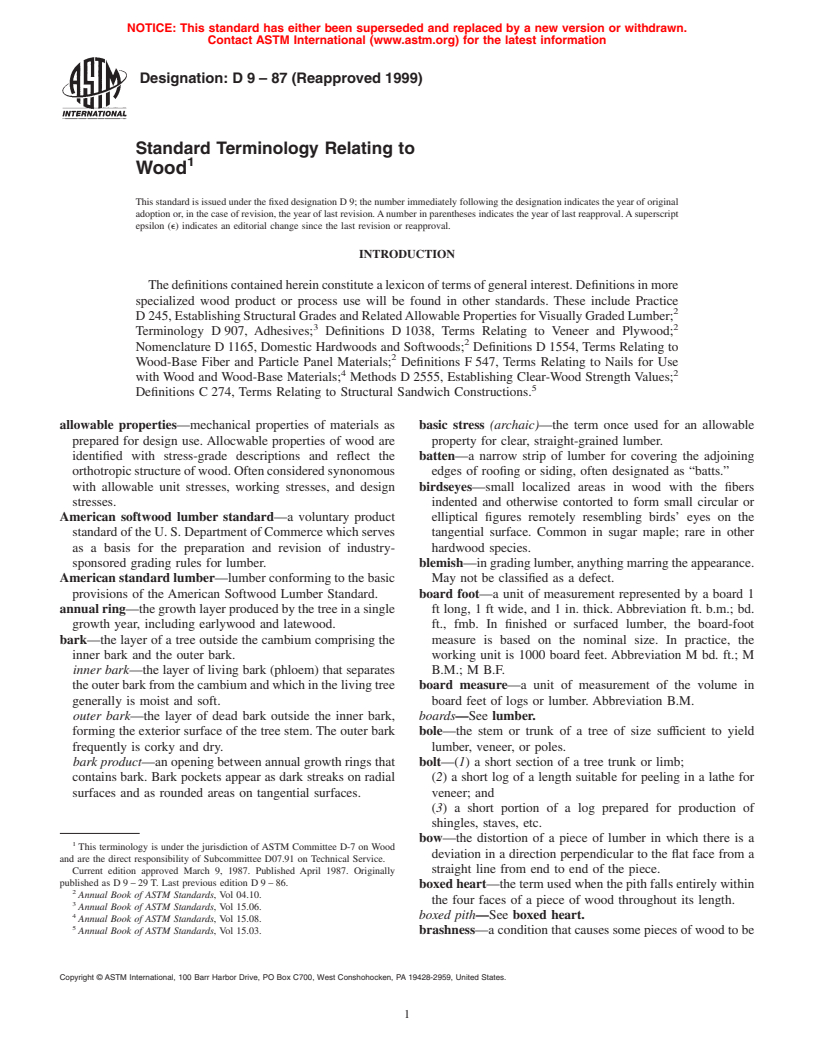 ASTM D9-87(1999) - Standard Terminology Relating to Wood