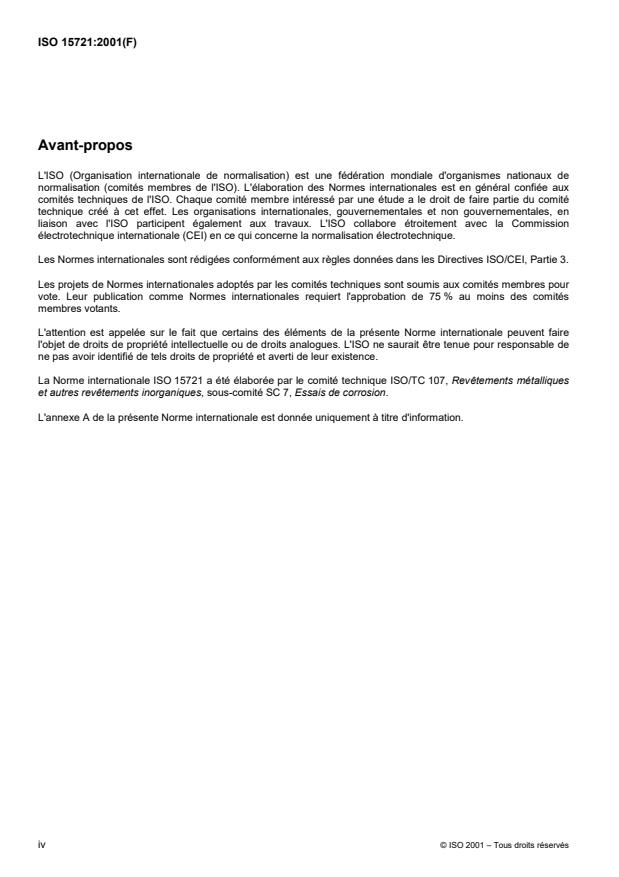 ISO 15721:2001 ISO 15721:2001 - Revetements métalliques -- Essais de porosité -- Porosité des revetements d'or ou de palladium par essai a l'acide sulfureux/vapeur de dioxyde de soufre - Page 4 preview