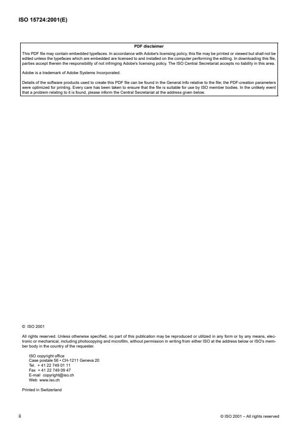 ISO 15724:2001 ISO 15724:2001 - Metallic and other inorganic coatings -- Electrochemical measurement of diffusible hydrogen in steels -- Barnacle electrode method - Page 2 preview
