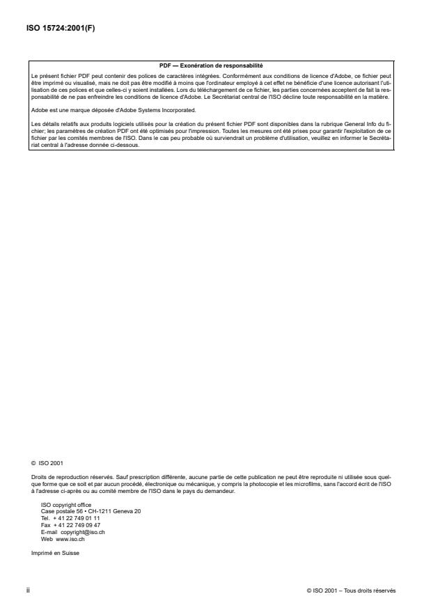 ISO 15724:2001 ISO 15724:2001 - Revetements métalliques et autres revetements inorganiques -- Mesurage électrochimique de l'hydrogene diffusible dans les aciers -- Méthode par électrode anatife - Page 2 preview