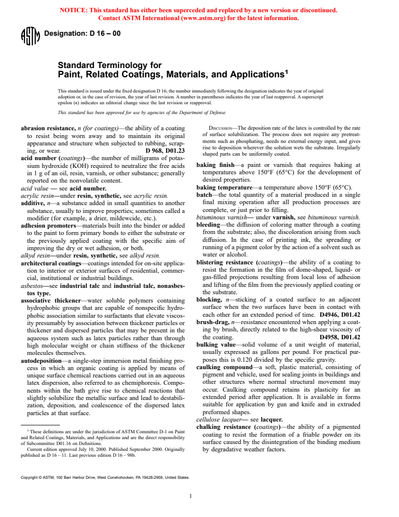 ASTM D16-00 - Standard Terminology for Paint, Related Coatings, Materials, and Applications