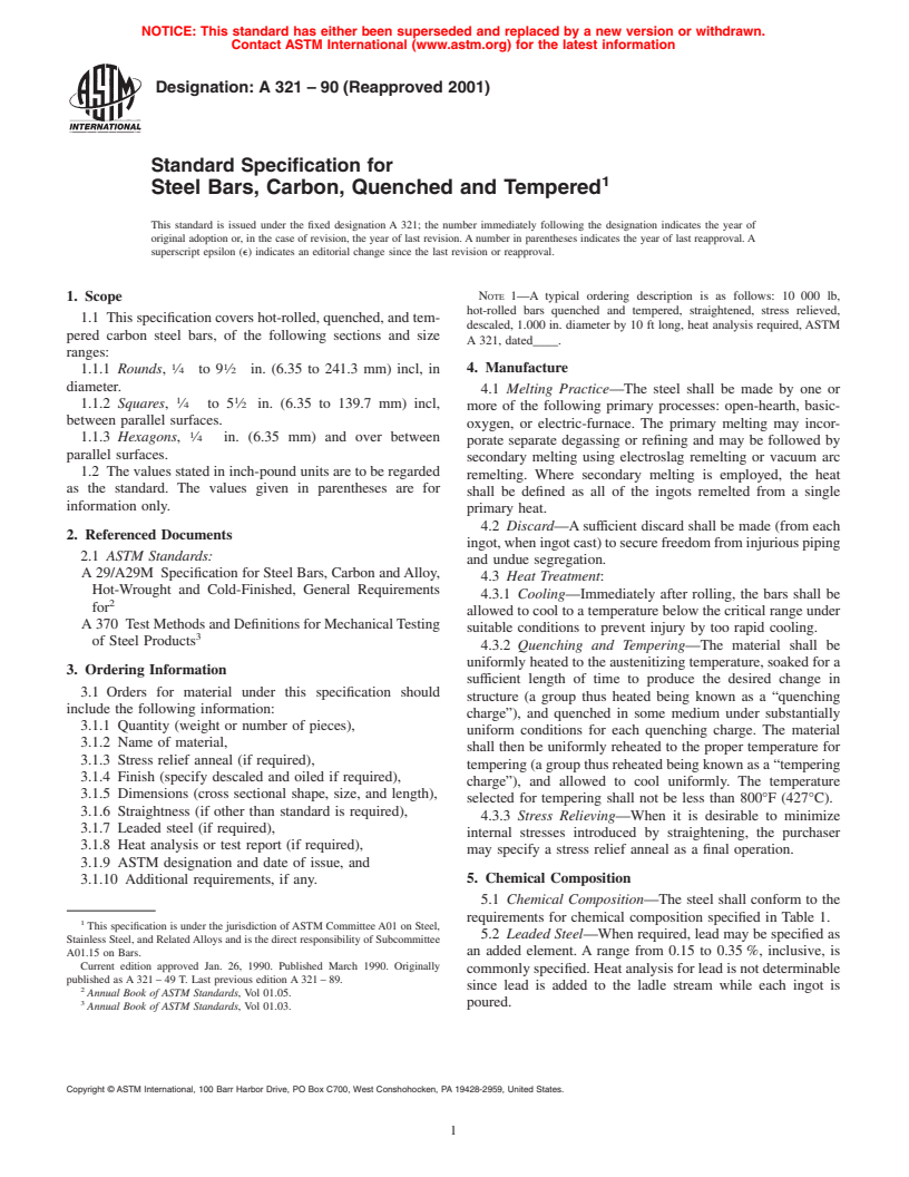 ASTM A321-90(2001) - Standard Specification for Steel Bars, Carbon, Quenched and Tempered (Withdrawn 2007)