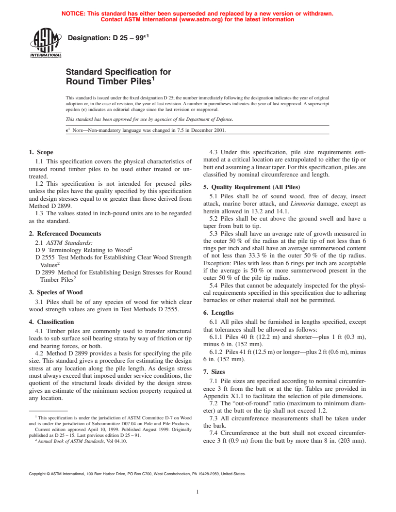 ASTM D25-99e1 - Standard Specification for Round Timber Piles