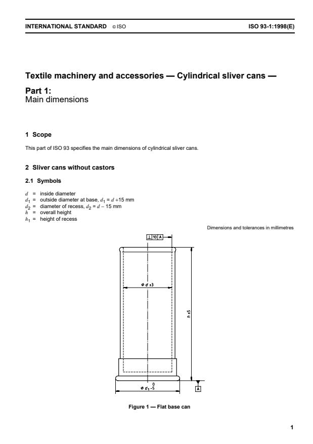 ISO 93-1:1998 - Textile machinery and accessories -- Cylindrical sliver cans