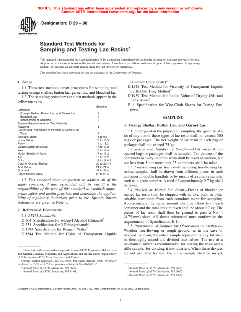 ASTM D29-98 - Standard Test Methods for Sampling and Testing Lac Resins (Withdrawn 2005)