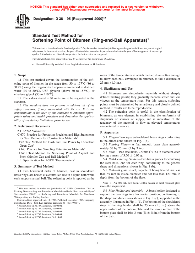 ASTM D36-95(2000)e1 - Standard Test Method for Softening Point of Bitumen (Ring-and-Ball Apparatus)