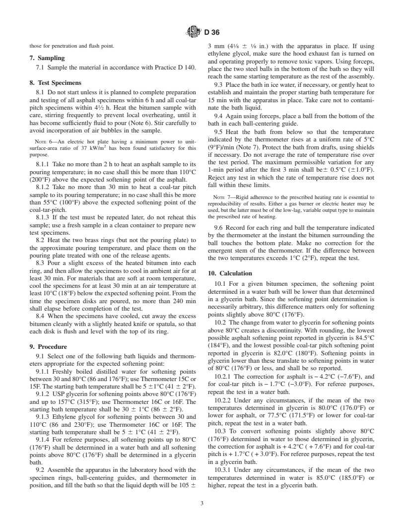 ASTM D36-95(2000)e1 - Standard Test Method for Softening Point of Bitumen (Ring-and-Ball Apparatus)