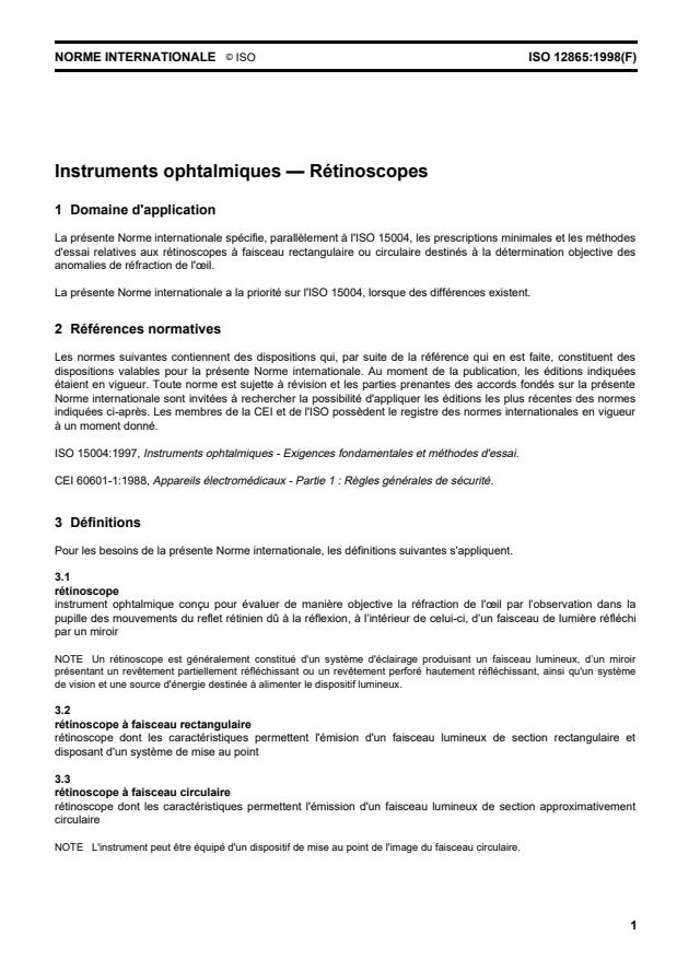 ISO 12865:1998 - Instruments ophtalmiques -- Rétinoscopes