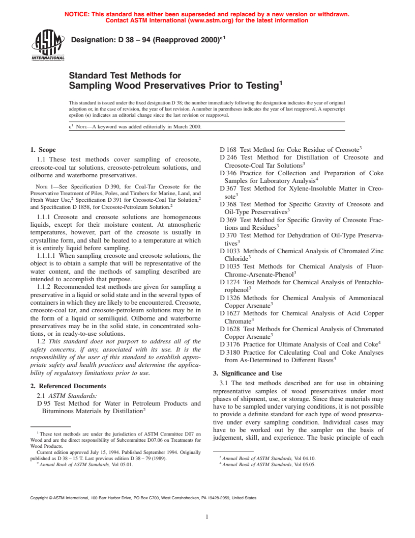 ASTM D38-94(2000)e1 - Standard Test Methods for Sampling Wood Preservatives Prior to Testing (Withdrawn 2006)