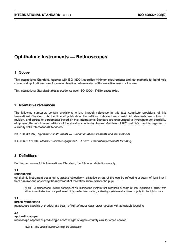 ISO 12865:1998 - Ophthalmic instruments -- Retinoscopes