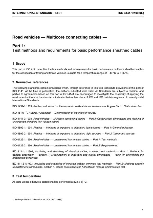 ISO 4141-1:1998 - Road vehicles -- Multi-core connecting cables