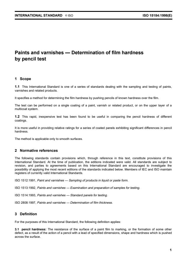ISO 15184:1998 - Paints and varnishes -- Determination of film hardness by pencil test