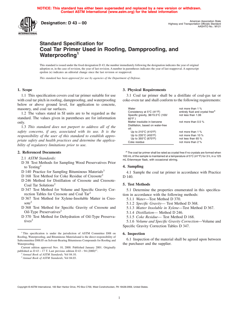 ASTM D43-00 - Standard Specification for Coal Tar Primer Used in Roofing, Dampproofing, and Waterproofing