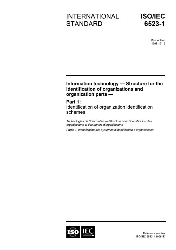 ISO/IEC 6523-1:1998 - Information technology -- Structure for the identification of organizations and organization parts