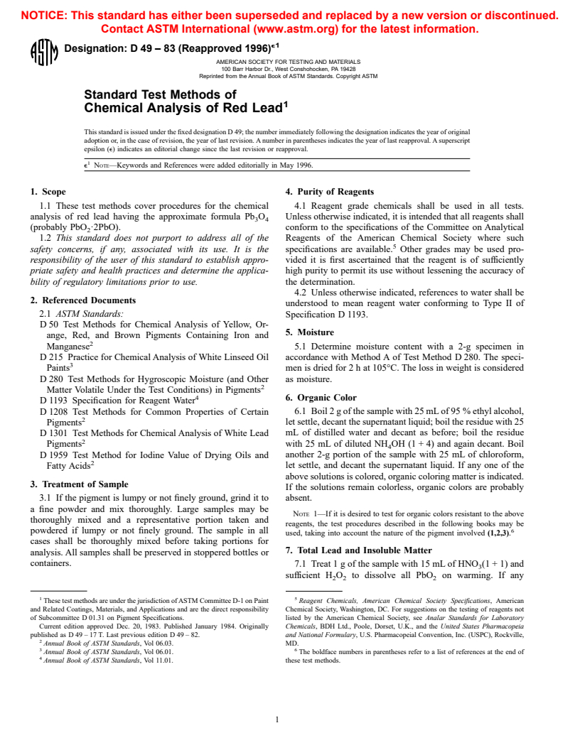 ASTM D49-83(1996)e1 - Standard Test Methods of Chemical Analysis of Red Lead