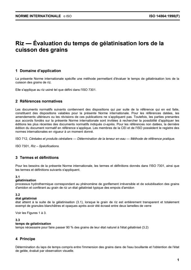 ISO 14864:1998 - Riz -- Évaluation du temps de gélatinisation lors de la cuisson des grains