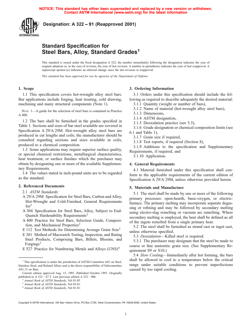 ASTM A322-91(2001) - Standard Specification for Steel Bars, Alloy, Standard Grades