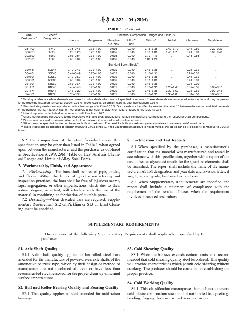 ASTM A322-91(2001) - Standard Specification for Steel Bars, Alloy, Standard Grades