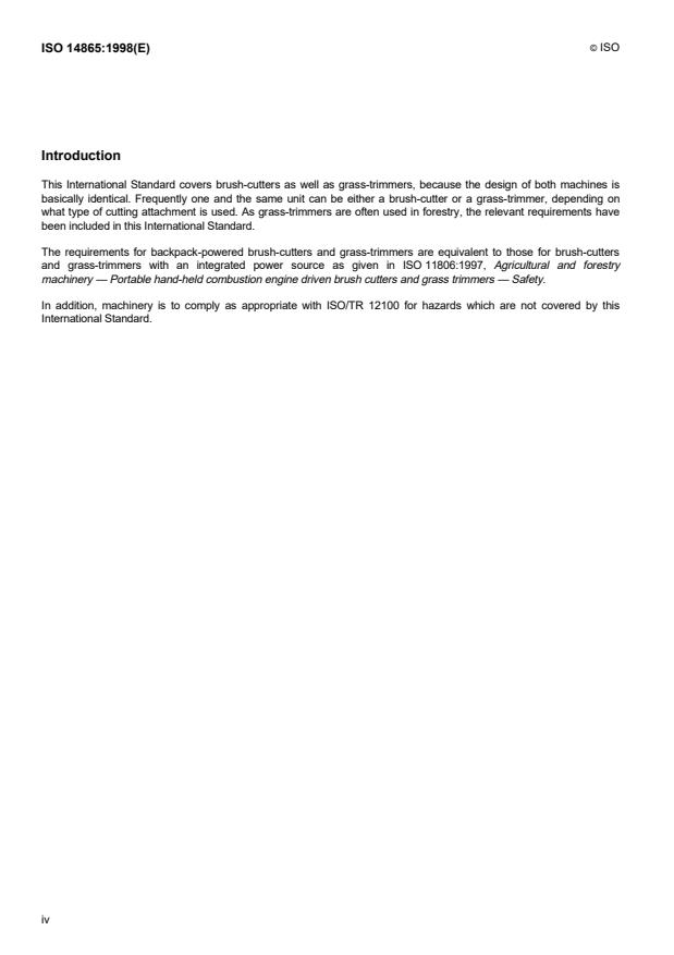 ISO 14865:1998 ISO 14865:1998 - Machinery for forestry -- Portable hand-held brush-cutters and grass-trimmers with backpack-mounted combustion-engine power source -- Safety requirements and testing - Page 4 preview