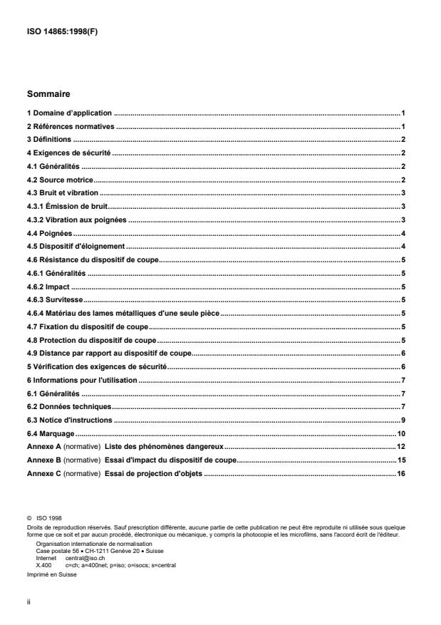 ISO 14865:1998 ISO 14865:1998 - Matériel forestier -- Débroussailleuses et coupe-herbe portatifs équipés d'une source motrice portée a dos a moteur a combustion interne -- Exigences de sécurité et essais - Page 2 preview