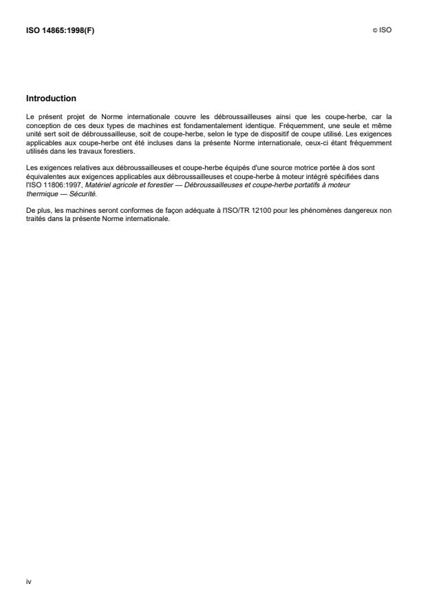ISO 14865:1998 ISO 14865:1998 - Matériel forestier -- Débroussailleuses et coupe-herbe portatifs équipés d'une source motrice portée a dos a moteur a combustion interne -- Exigences de sécurité et essais - Page 4 preview