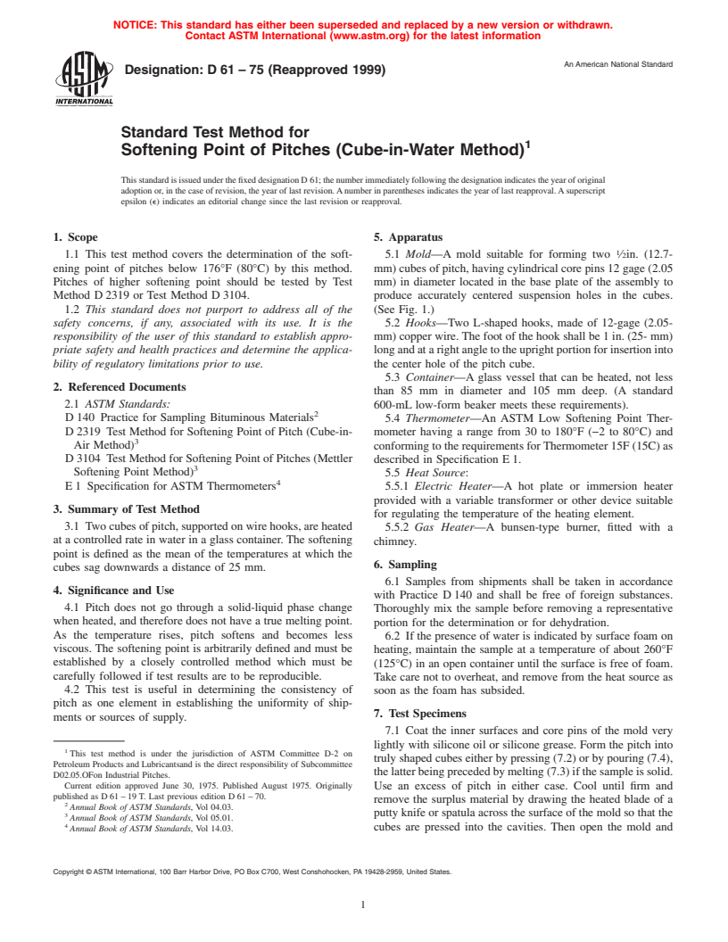 ASTM D61-75(1999) - Standard Test Method for Softening Point of Pitches (Cube-in-Water Method)