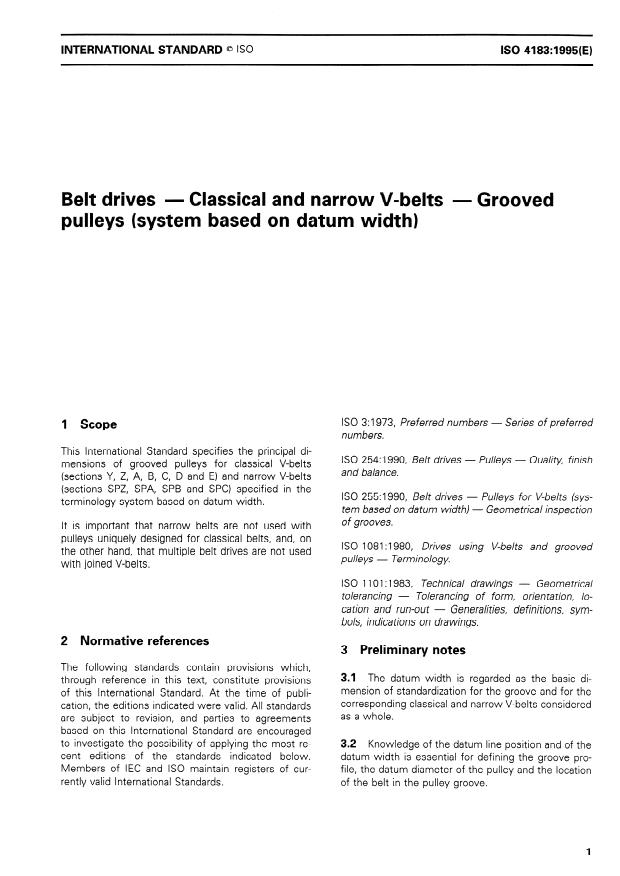 ISO 4183:1995 - Belt drives -- Classical and narrow V-belts -- Grooved pulleys (system based on datum width)