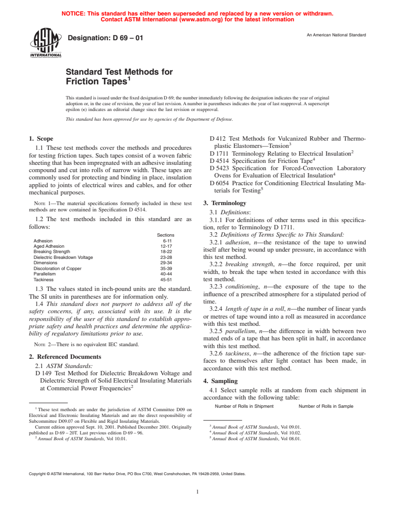 ASTM D69-01 - Standard Test Methods for Friction Tapes