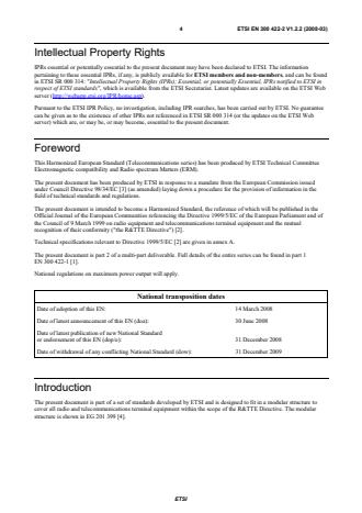 SIST EN 300 422-2 V1.2.2:2008 ETSI EN 300 422-2 V1.2.2 (2008-03) - Electromagnetic compatibility and Radio spectrum Matters (ERM); Wireless microphones in the 25 MHz to 3 GHz frequency range; Part 2: Harmonized EN covering essential requirements of article 3.2 of the R&TTE Directive - Page 4 preview