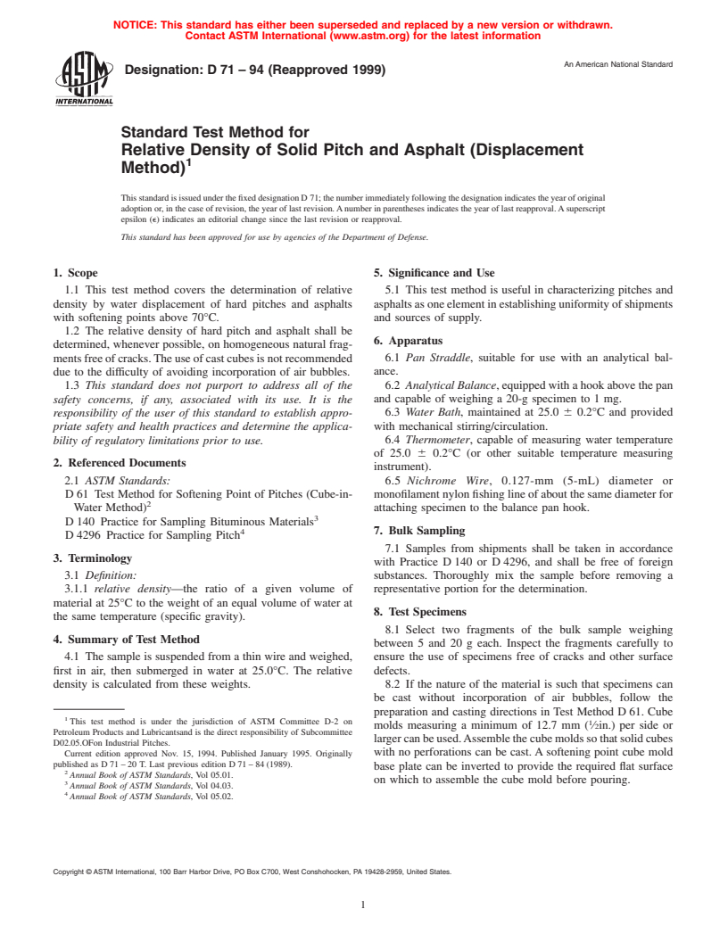 ASTM D71-94(1999) - Standard Test Method for Relative Density of Solid Pitch and Asphalt (Displacement Method)