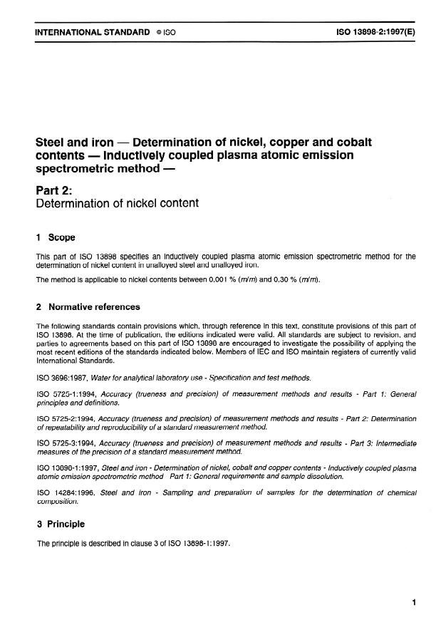 ISO 13898-2:1997 - Steel and iron -- Determination of nickel, copper and cobalt contents -- Inductively coupled plasma atomic emission spectrometric method