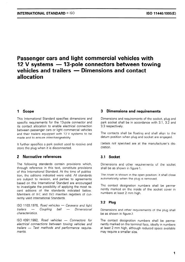 ISO 11446:1995 - Passenger cars and light commercial vehicles with 12 V systems -- 13-pole connectors between towing vehicles and trailers -- Dimensions and contact allocation