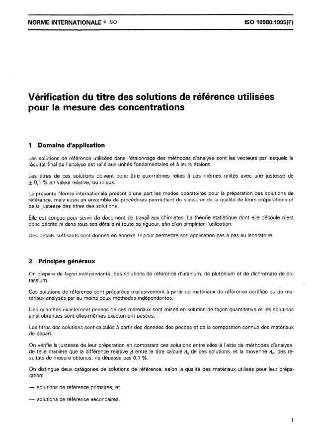 ISO 10980:1995 ISO 10980:1995 - Vérification du titre des solutions de référence utilisées pour la mesure des concentrations - Page 3 preview