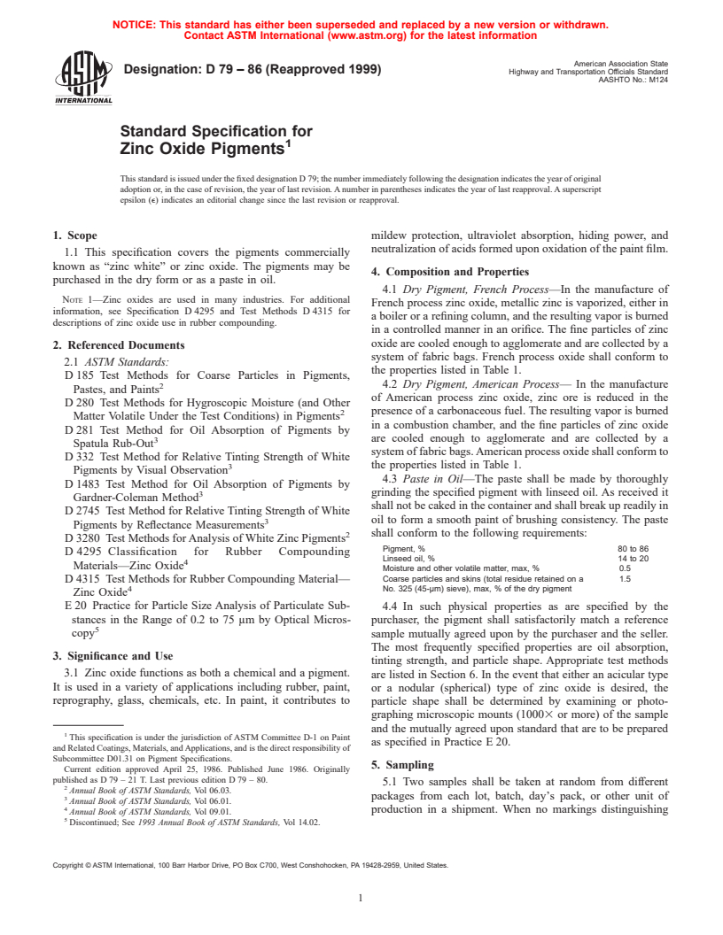 ASTM D79-86(1999) - Standard Specification for Zinc Oxide Pigments