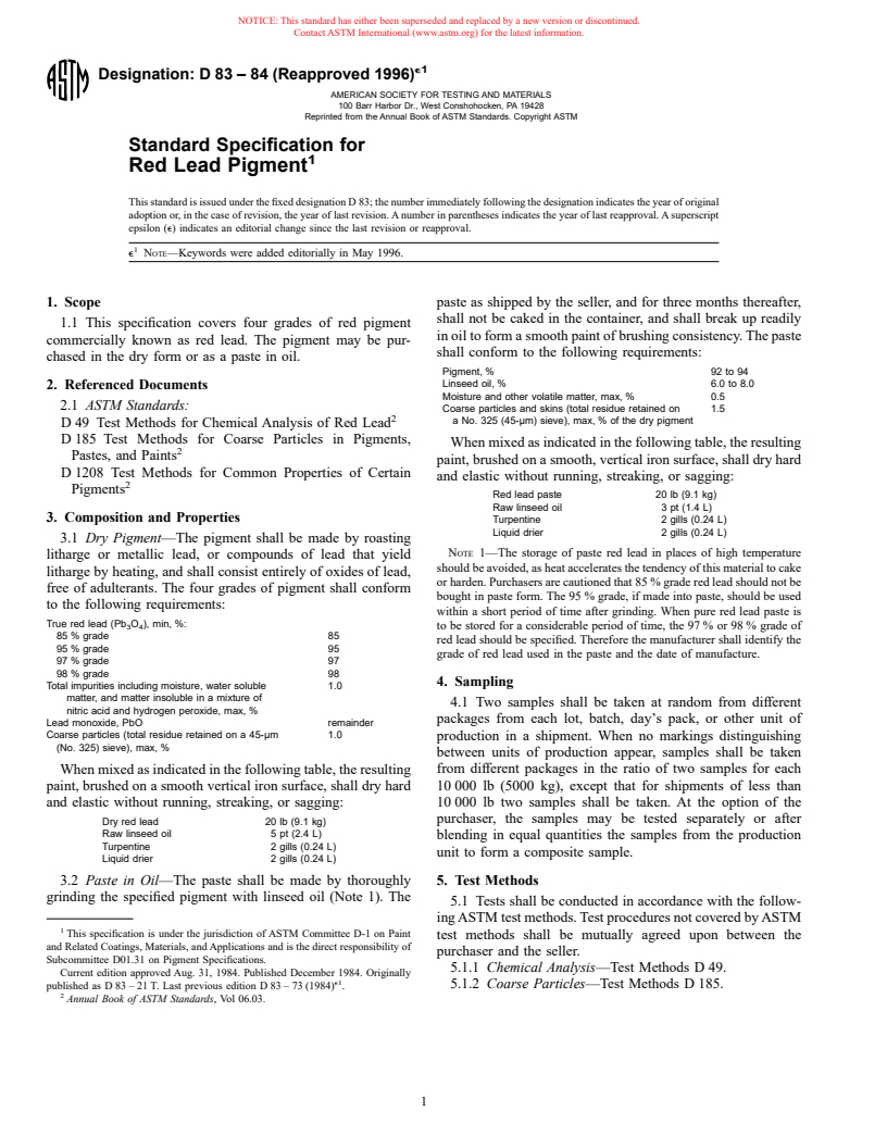 ASTM D83-84(1996)e1 - Standard Specification for Red Lead Pigment