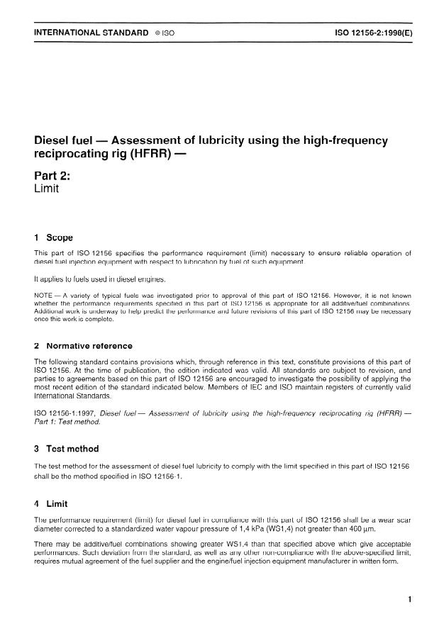 ISO 12156-2:1998 - Diesel fuel -- Assessment of lubricity using the high-frequency reciprocating rig (HFRR)