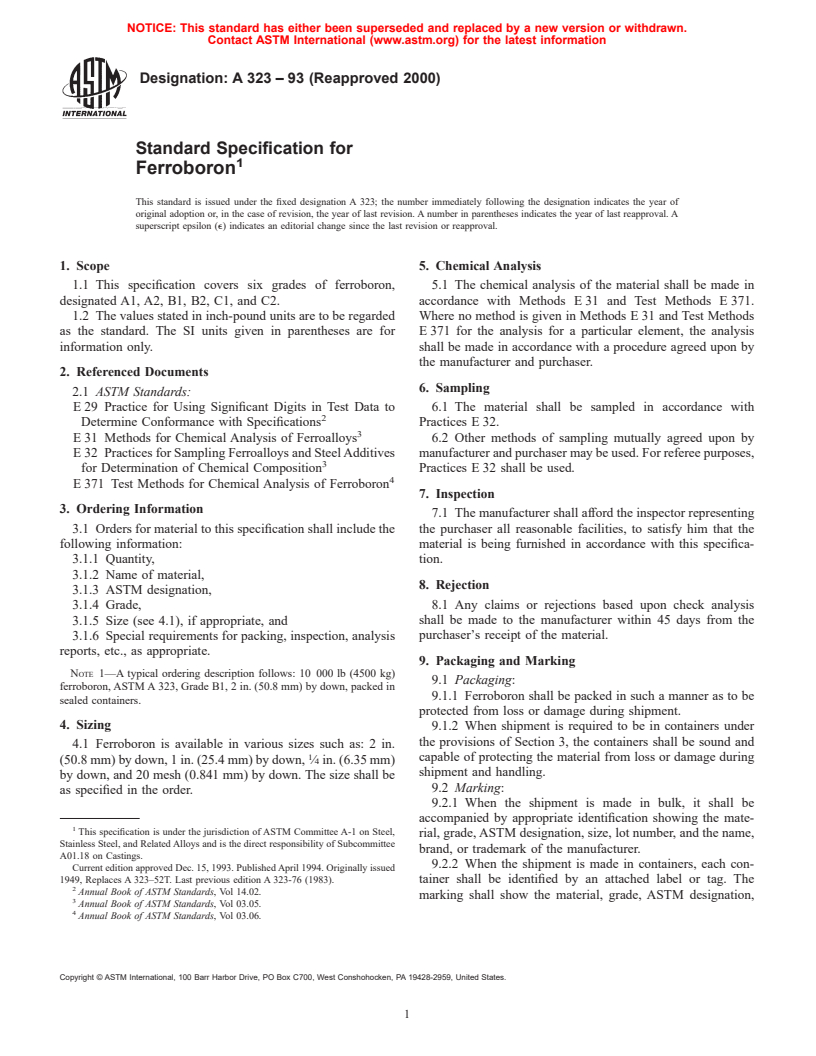 ASTM A323-93(2000) - Standard Specification for Ferroboron